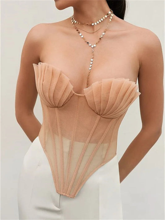 Mesh See Through Sexy Bustiers Corsets Strapless Off Shoulder Ruffle Push Up Tank Summer Club Criss-cross Tie-up Vest
