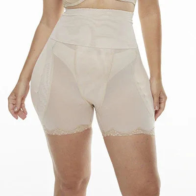 Nude butt lifter shapewear shorts with lace trim and sheer midsection panel