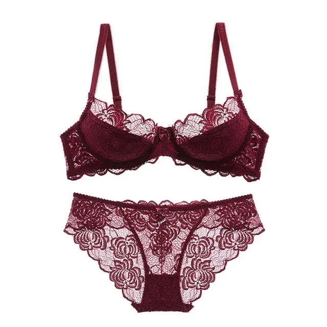 Ultrathin bra-and-brief set, burgundy lace balconette bra with high-cut briefs