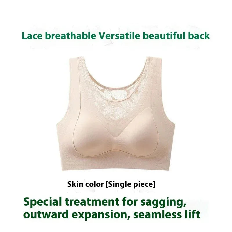 Skin color plus-size sports bra, lace scoop neckline and smooth seamless lift