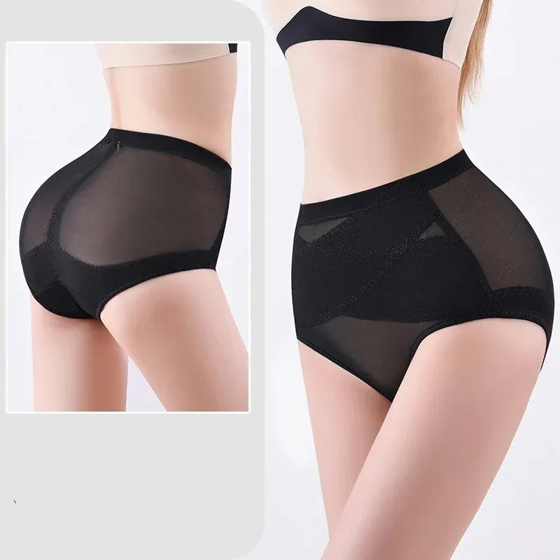 Black shaping hip training pants, rear and side view with mesh inserts