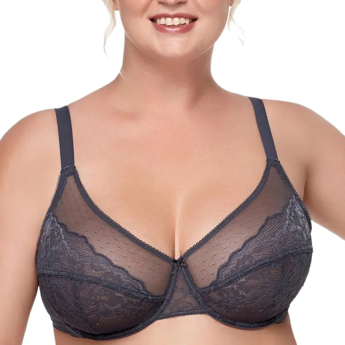 Dark grey minimiser bra with lace cups and sheer mesh, bow-center detail