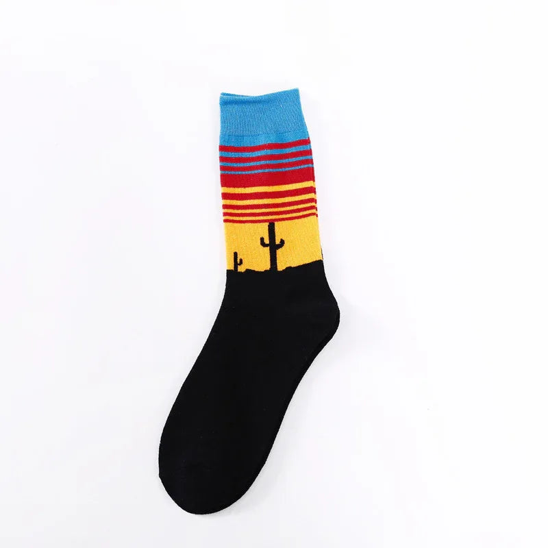 Blue-and-yellow striped cactus stockings with black toe and orange accents