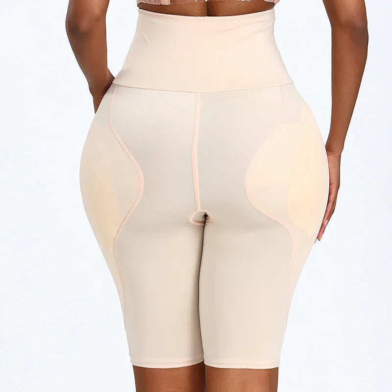 High waist shaping shorts, light skin-tone, front view with waist band and hip contour