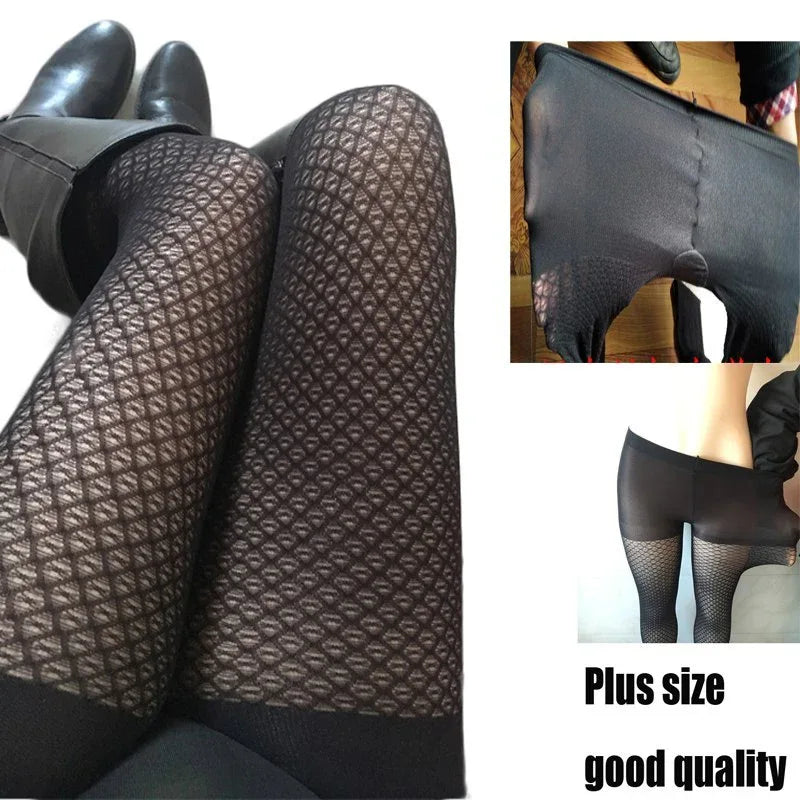 Black fishnet tights with diamond mesh pattern, close-up on legs