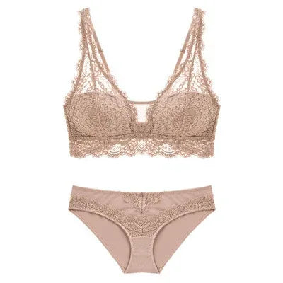 Lace bra and matching briefs set, beige color, front view