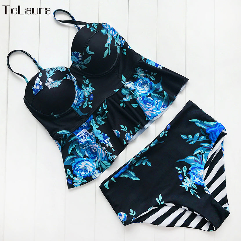 Floral push-up bikini set with black base and blue rose print, high-waist bottoms