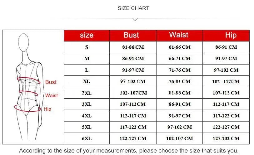 Size chart with bust, waist, hip measurements for S–6XL