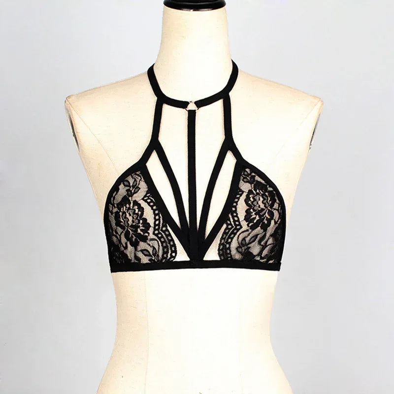 Black lace lingerie bra on mannequin: high-neck harness straps with floral lace cups