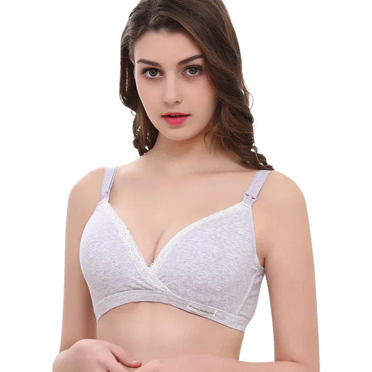 Cross-style breastfeeding bra in heather gray with lace trim and adjustable shoulder straps