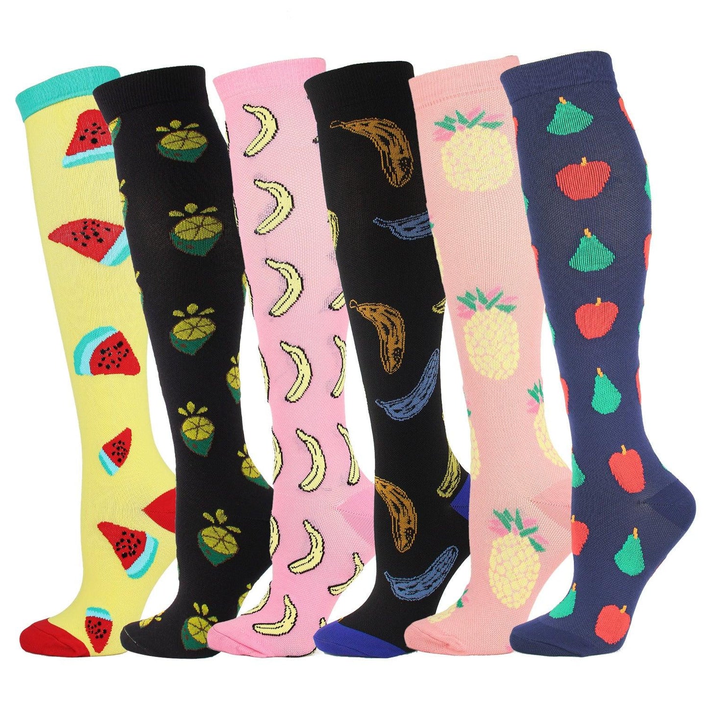 Sports compression stockings multi-pack: yellow, black, pink, navy blue fruit designs