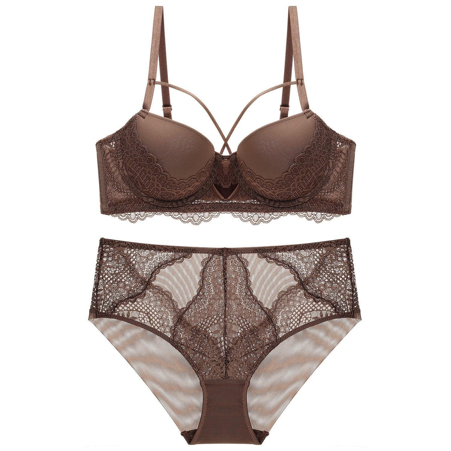 Brown French lace underwired bra and matching briefs set, hollow-out lace cups