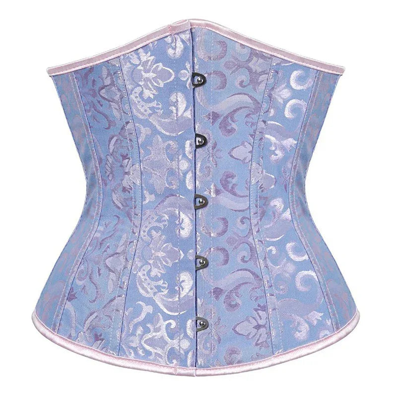 Blauwe onderborst-corset met jacquard motief en haaksluiting, slanke pasvorm