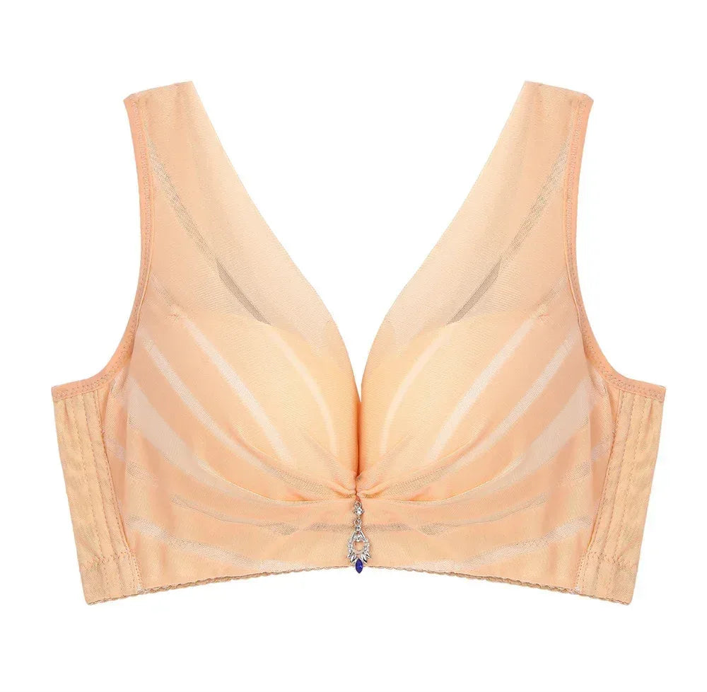 Plus Size Lace Crop Bra in Beige, sheer striped cups, lace trim and center charm