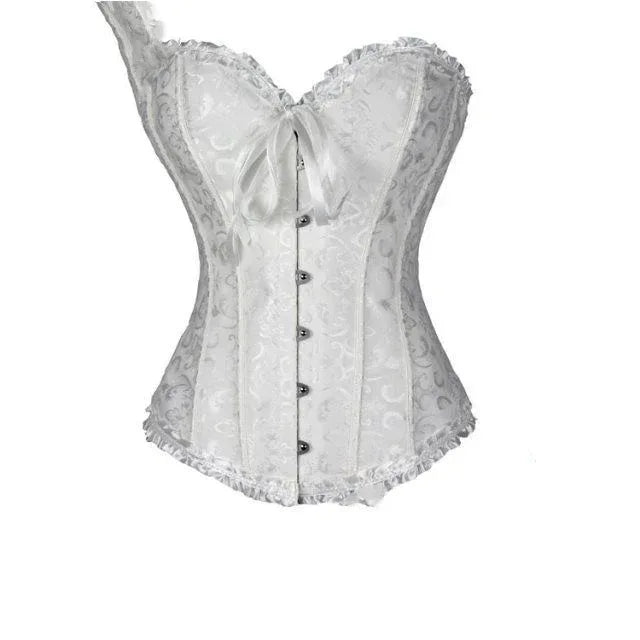 White lace overbust corset bustier with long ribbon laces and side scalloped hem