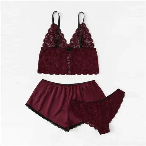 Burgundy floral lace cami and satin shorts with scalloped lace hem