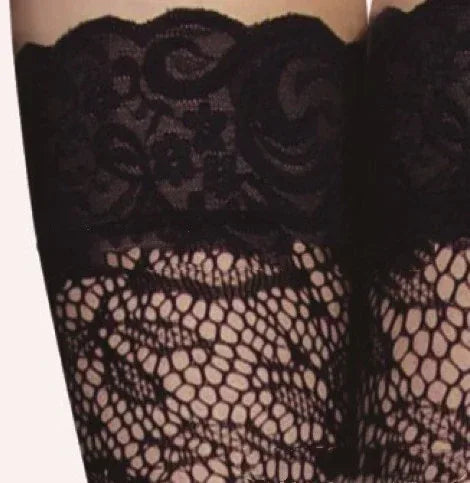 Top section of black lace net stockings with ornate floral jacquard and openwork band