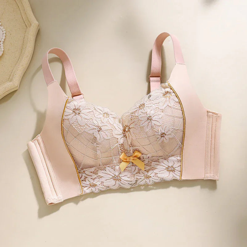 Skin-color lace 3/4 cup wireless bra with floral cups and yellow-trim bow