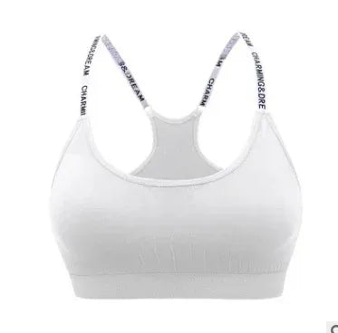 White yoga sports bra with racerback straps and rounded scoop neckline