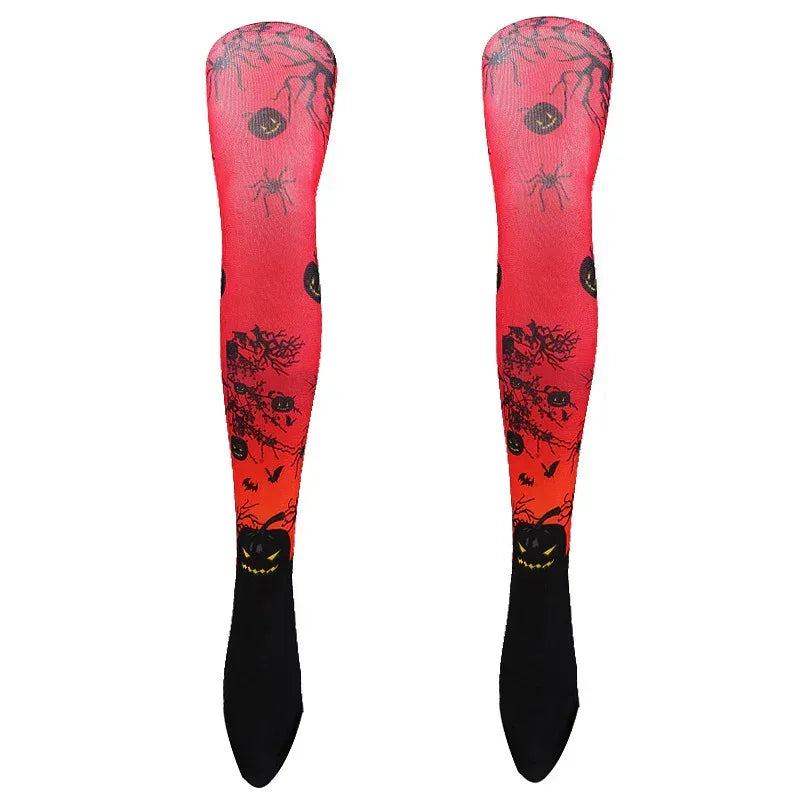 Rote Halloween-Strümpfe mit Spinnen- und Augen-Print, schwarzer Fußpartie