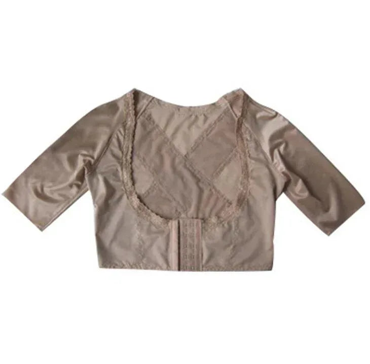 Beige slimming shaper top with short sleeves and molded bust panel