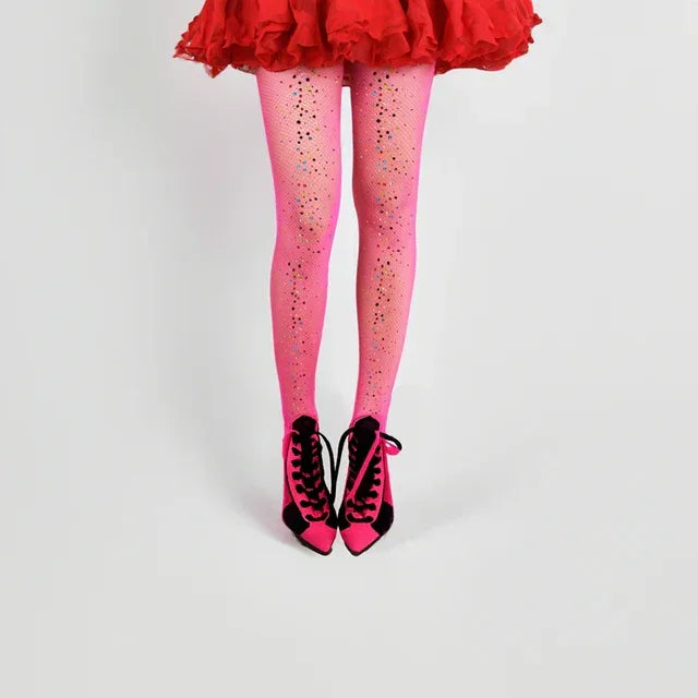Hot pink rhinestone diamond fishnet tights with dotted sparkle finish