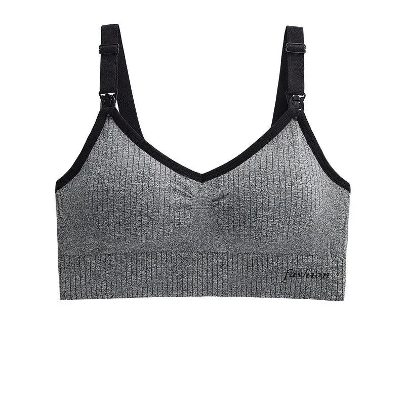 Black seamless nursing bra, front V-neck with adjustable shoulder straps