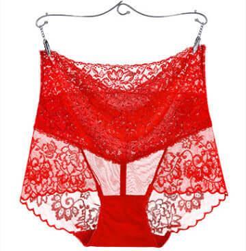 Red lace high-waist underwear with floral cutwork and sheer mesh side panels