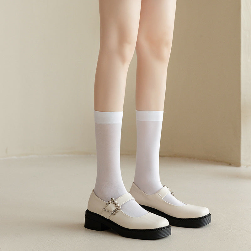 White Socks Women Spring And Summer Thin Calf Socks Mid-Tube Socks Transparent Half-Tube Over-The-Knee Stockings JK Stockings