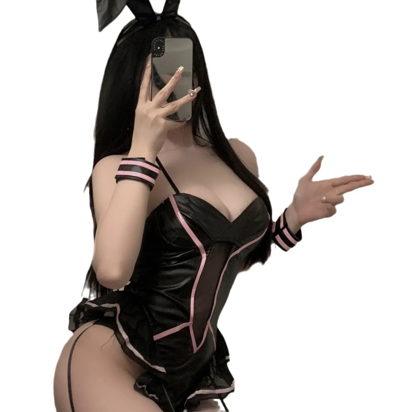 Bunny jumpsuit set: black corset bodysuit with pink trim, bunny ears headband and ruffled skirt