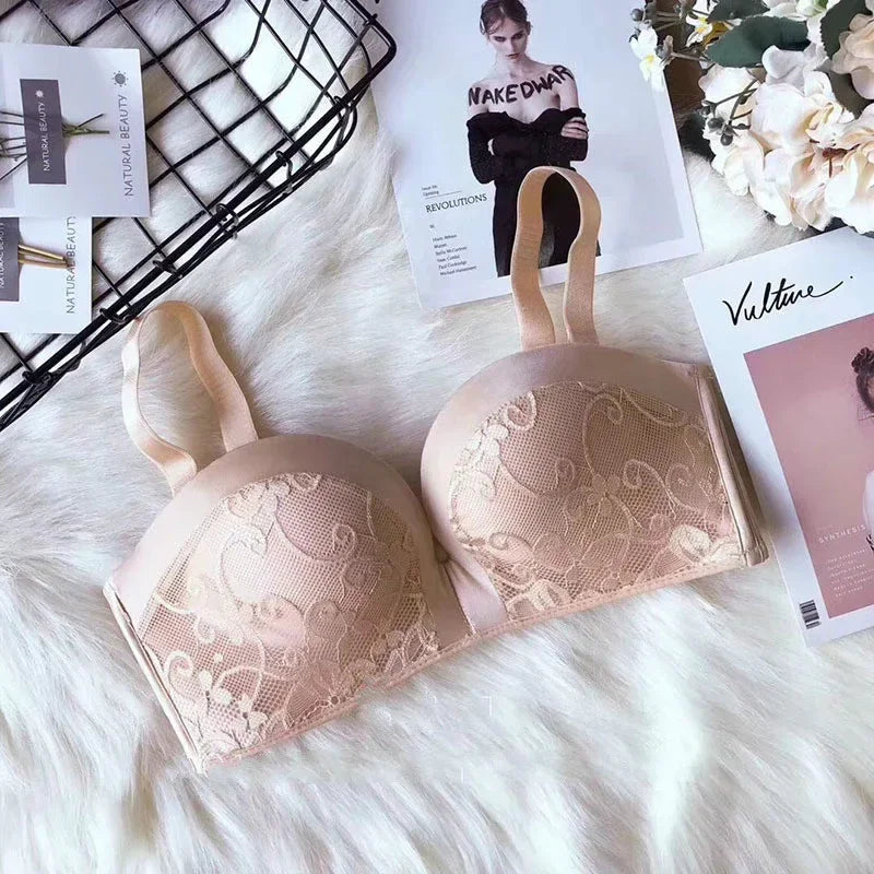 Strapless Invisible Lace Bra: nude/skin-tone lace cups with no visible straps