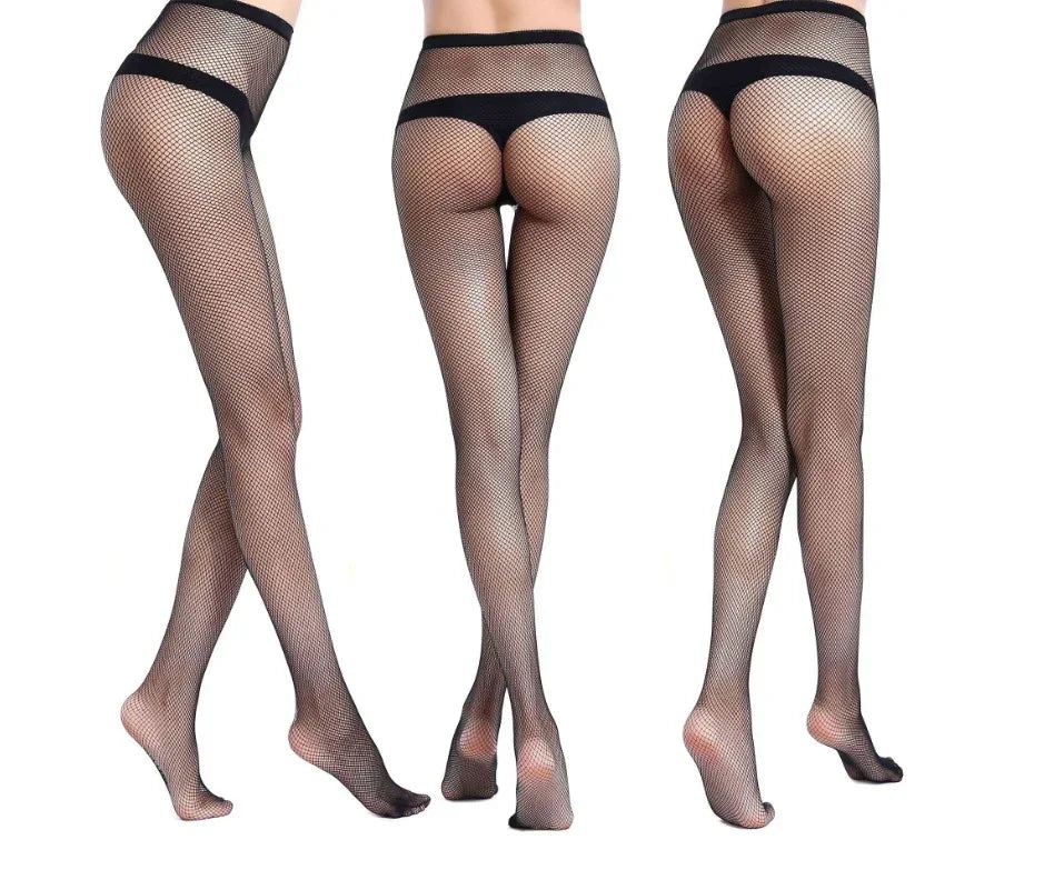 Black fishnet stockings on legs, diamond mesh from thigh down to toes