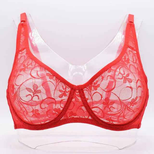 Plus size underwired lace bra, red with hollow-out detail, front view