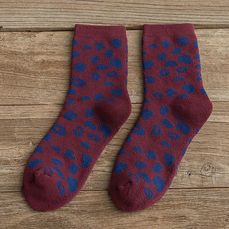 Wine red leopard print terry cotton mid-tube socks, matching pair