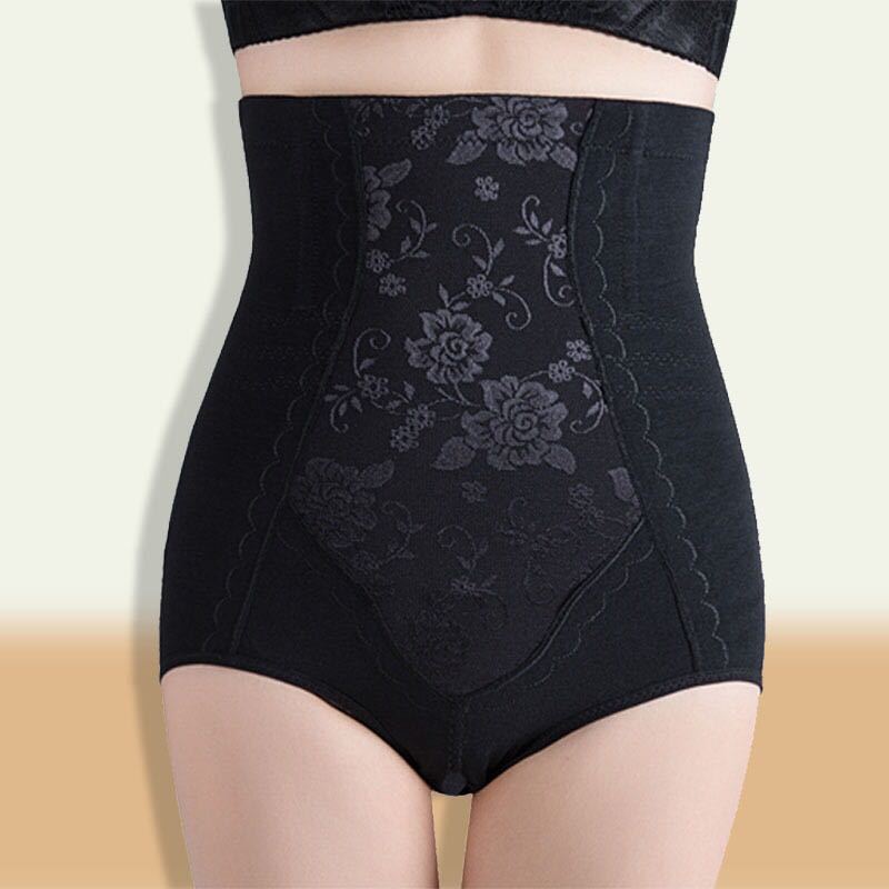 Black high-waisted shaping briefs with floral lace panel, front view
