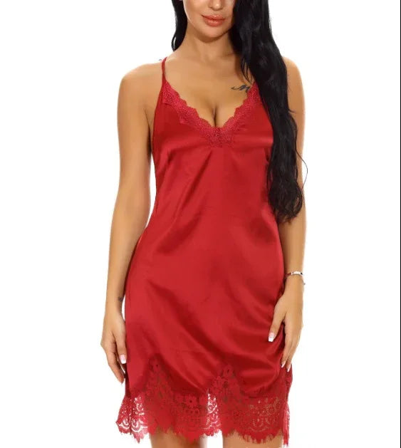 Red wine long chemise dress with lace-trim V neckline and scalloped hem