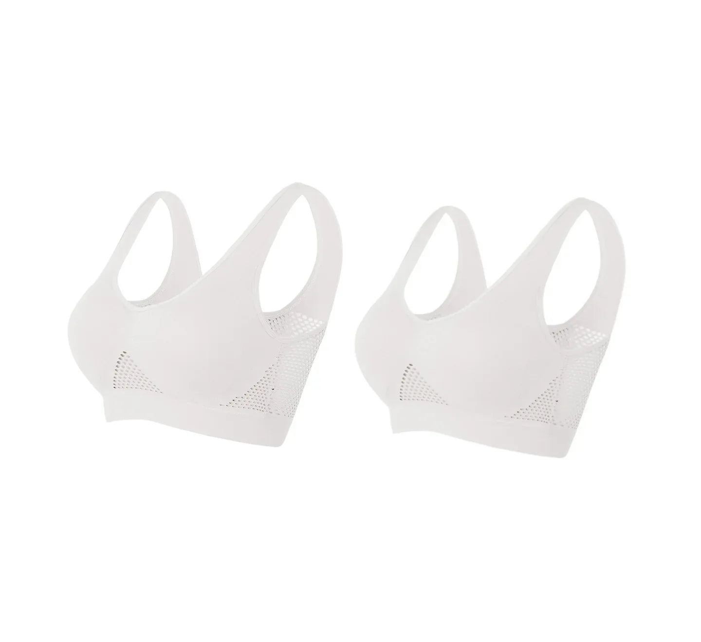 2-pack white comfort bras, matching breathable mesh side panels and wide straps