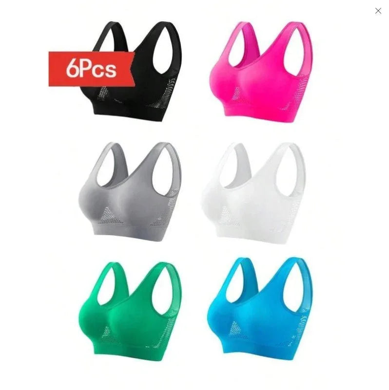 6-pack assorted push-up sports bras with chest pads: black, pink, gray, white, green, blue