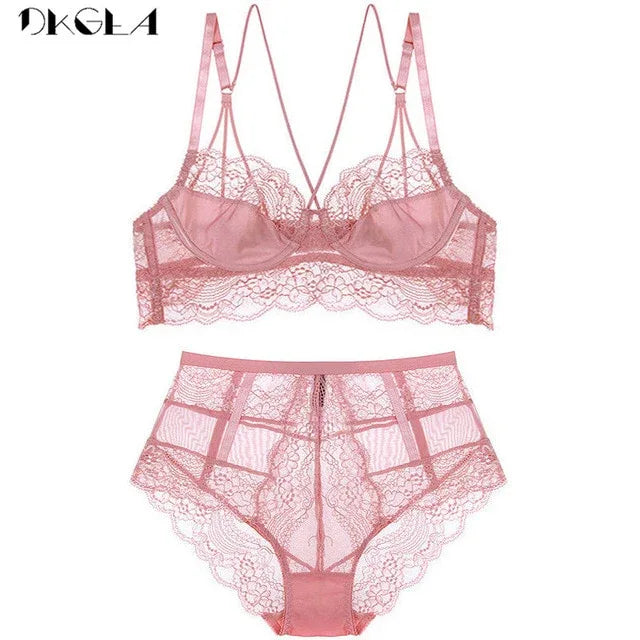 Blush pink embroidered lace bra and high-rise brief set with deep V neckline