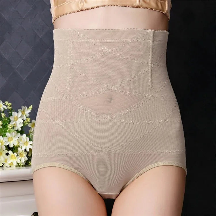 Skin-tone high-waist mesh body shaper briefs with smoothing front panel