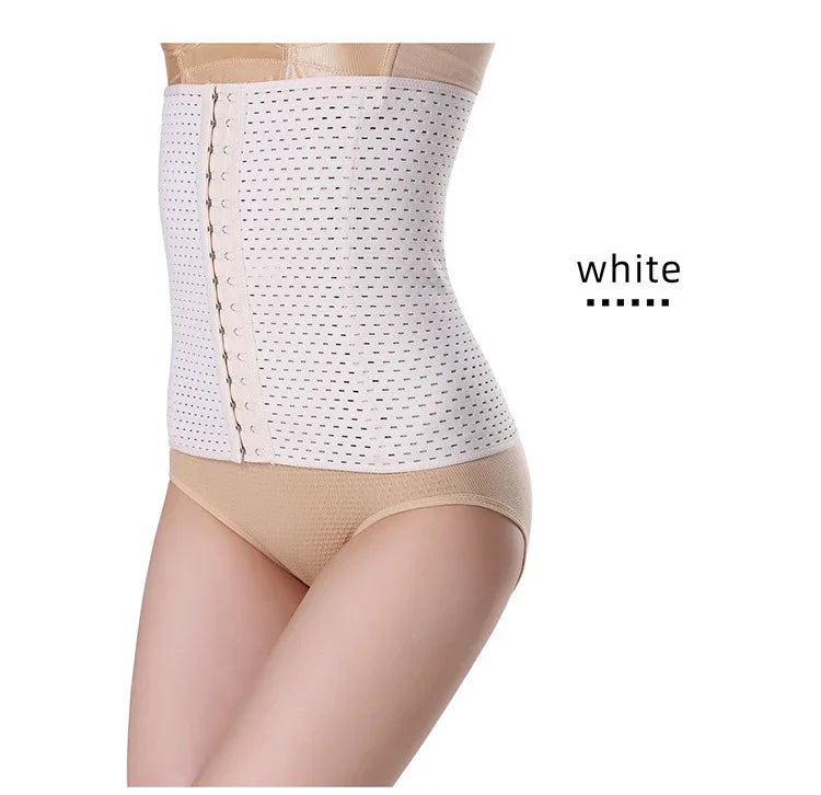 White waist trainer body shaper with perforated fabric and front hook-and-eye panel