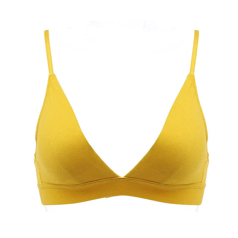 Yellow triangle bralette with thin straps and V-neck, smooth cups