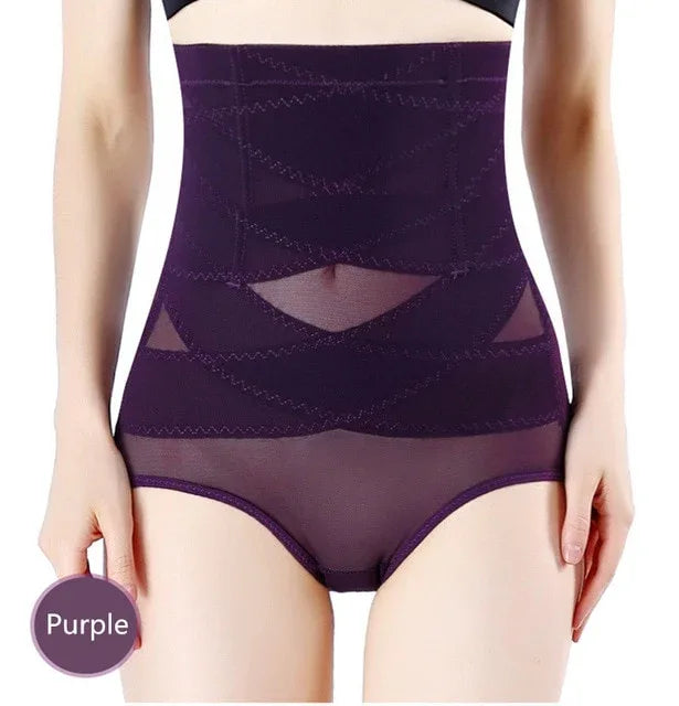 High waist tummy control corset bodysuit, purple, high-rise with sheer tummy panel
