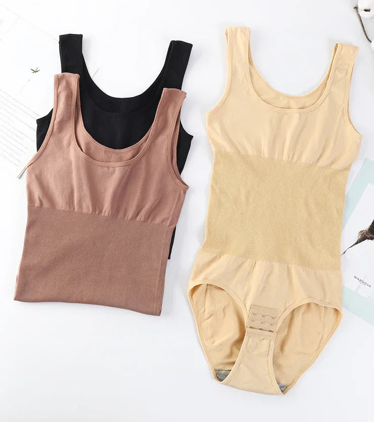 Seamless one-piece shapewear in black, brown, and nude-beige colors