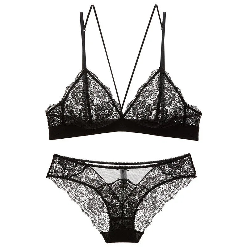 Black lace 3/4-cup adjustable push-up bra and matching knickers with sheer panels