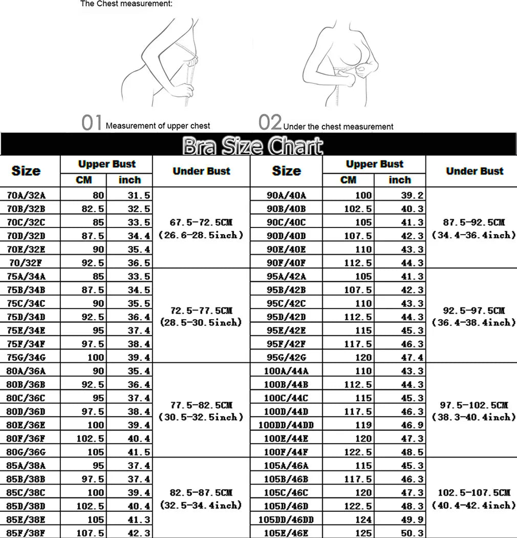 Bra size chart with upper bust and under bust measurements