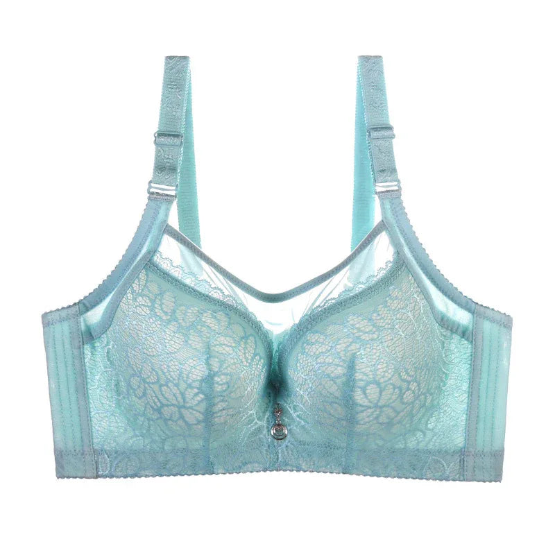 Light blue lace push-up tube top bra with full coverage cups and V neckline