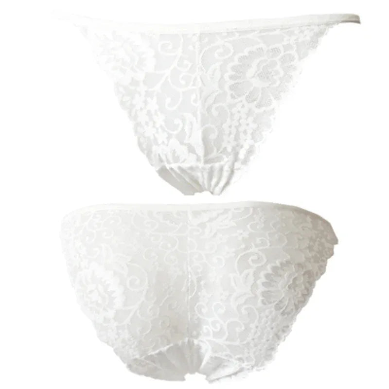 Floral lace low-waist briefs in white, scalloped lace trim and floral swirl pattern