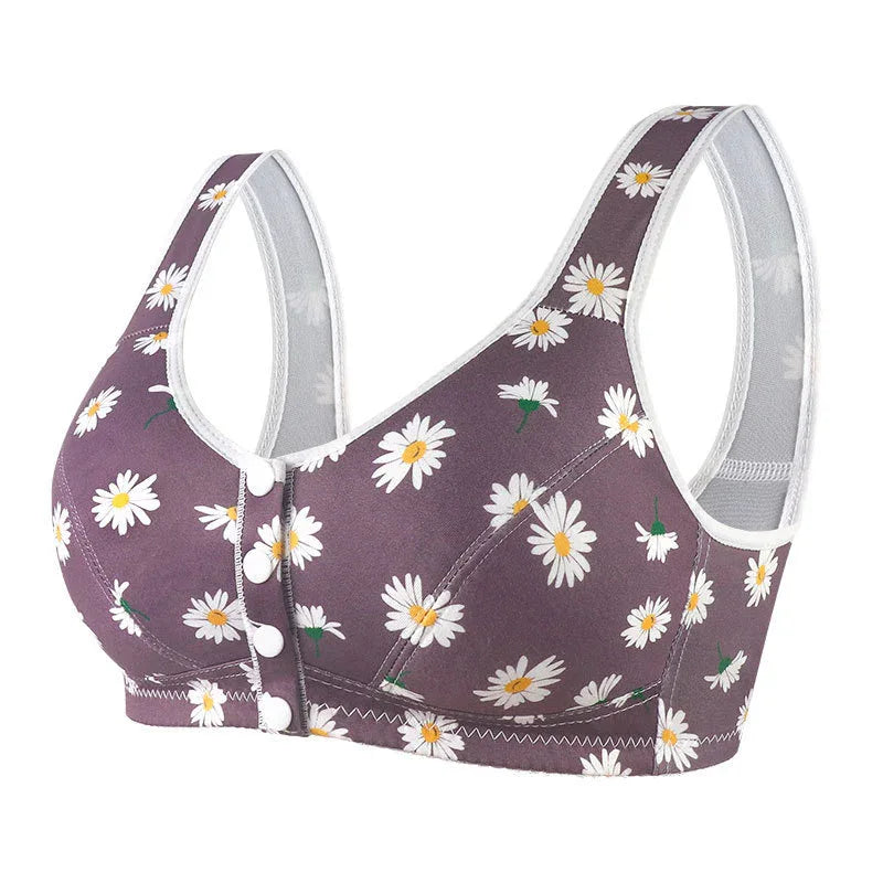 Soft cotton printed vest bra in purple with white daisy pattern and button front