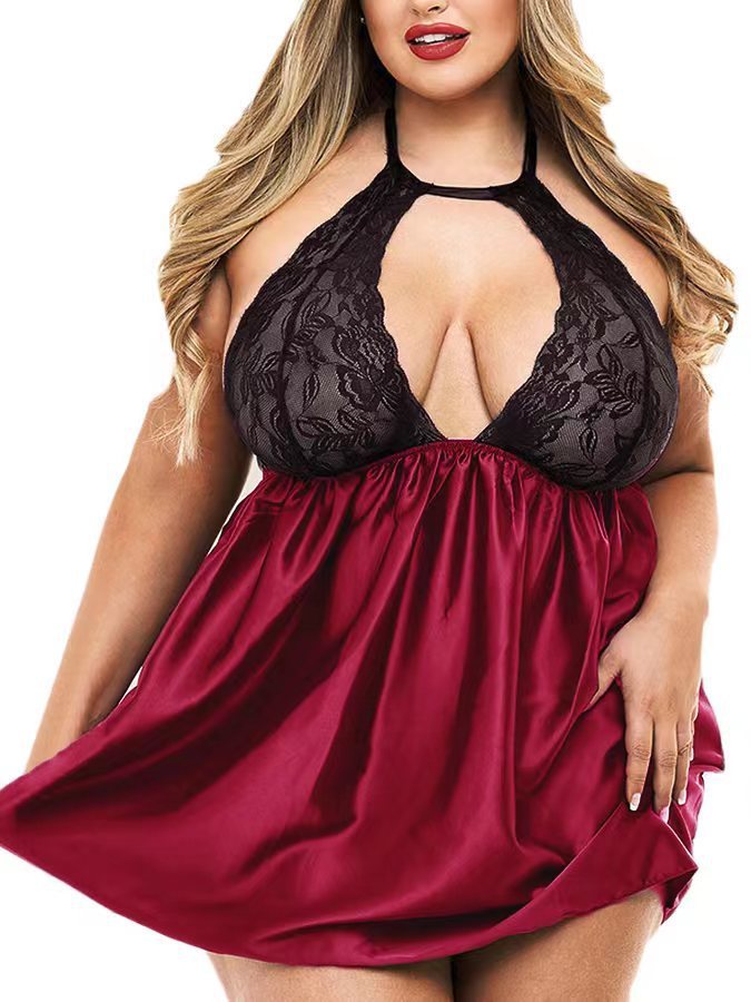 Plump Lingerie Sexy large Lady Lace Nightgown Sheer Cutout Home Pajamas